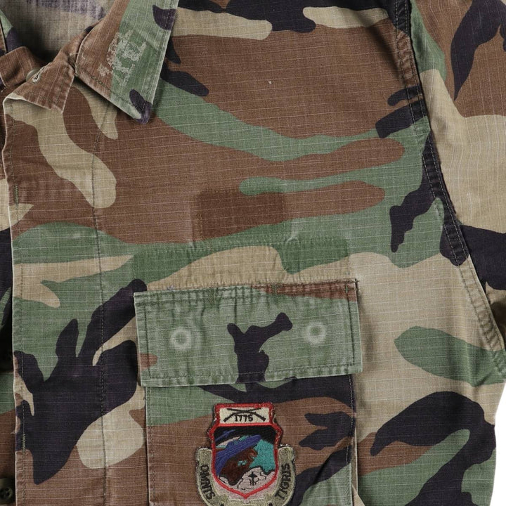 90'S US Military Camouflage Pattern Woodland Camo Patch BDU Ripstop Military Jacket, Made in USA, Medium-Short Nylon Khaki type Vintage Second Hand