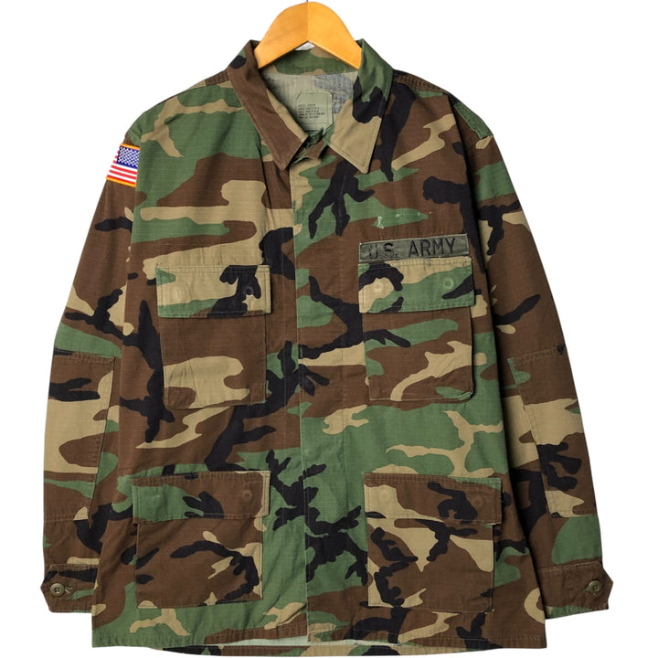 90'S US Military Camouflage Woodland Camo Stars and Stripes Ripstop BDU Military Jacket, Made in USA, Medium-Regular Nylon Khaki type Vintage Second Hand