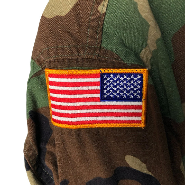 90'S US Military Camouflage Woodland Camo Stars and Stripes Ripstop BDU Military Jacket, Made in USA, Medium-Regular Nylon Khaki type Vintage Second Hand