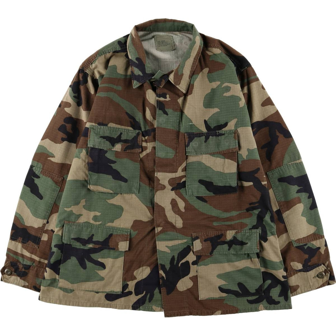 90'S US Military Genuine Camouflage Pattern Woodland Camo Ripstop BDU Military Jacket Made in USA LARGE-REGULAR Men's L Size Nylon Khaki type Vintage Second Hand