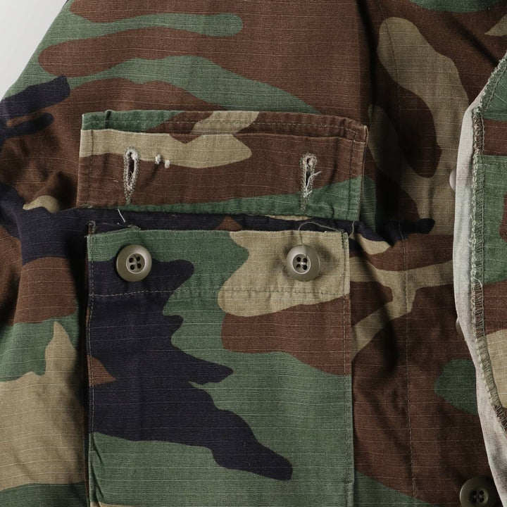 90'S US Military Genuine Camouflage Pattern Woodland Camo Ripstop BDU Military Jacket Made in USA LARGE-REGULAR Men's L Size Nylon Khaki type Vintage Second Hand