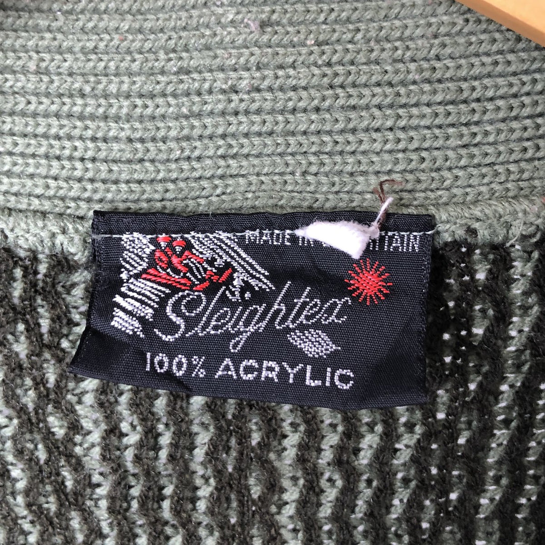 Sleightex Stripe Pattern Acrylic Knit Cardigan, Made in the UK, Men's Size Medium acrylic Khaki type sage green Vintage Second Hand