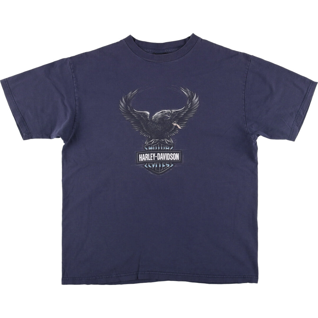 00'S Harley-Davidson Eagle Pattern Motorcycle Bike T-shirt Men's XL cotton navy blue type Vintage Second Hand