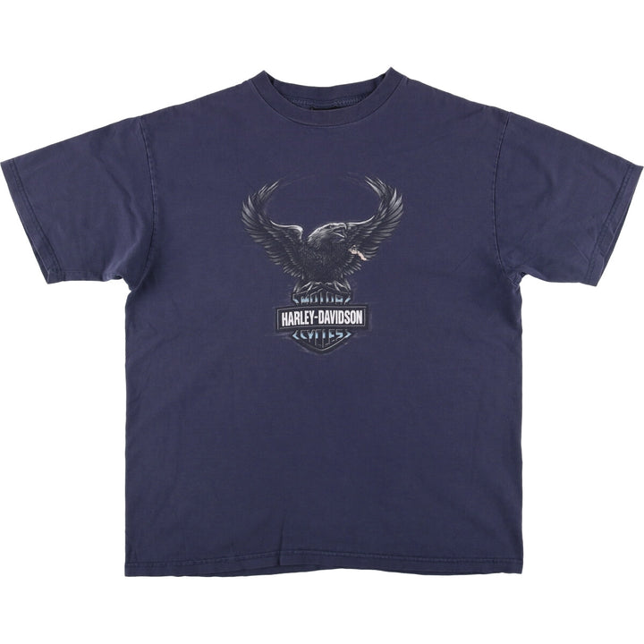 00'S Harley-Davidson Eagle Pattern Motorcycle Bike T-shirt Men's XL cotton navy blue type Vintage Second Hand