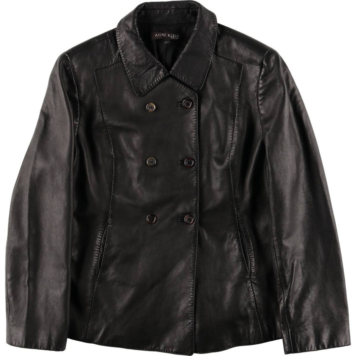 ANNE KLEIN double-breasted leather jacket, women's size L genuine leather black type Vintage Second Hand