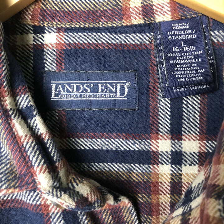 Vintage 80s-90'S Lands' End long-sleeved flannel check box shirt, men's size L cotton navy blue type Vintage Second Hand