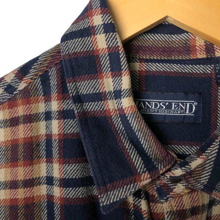 Vintage 80s-90'S Lands' End long-sleeved flannel check box shirt, men's size L cotton navy blue type Vintage Second Hand
