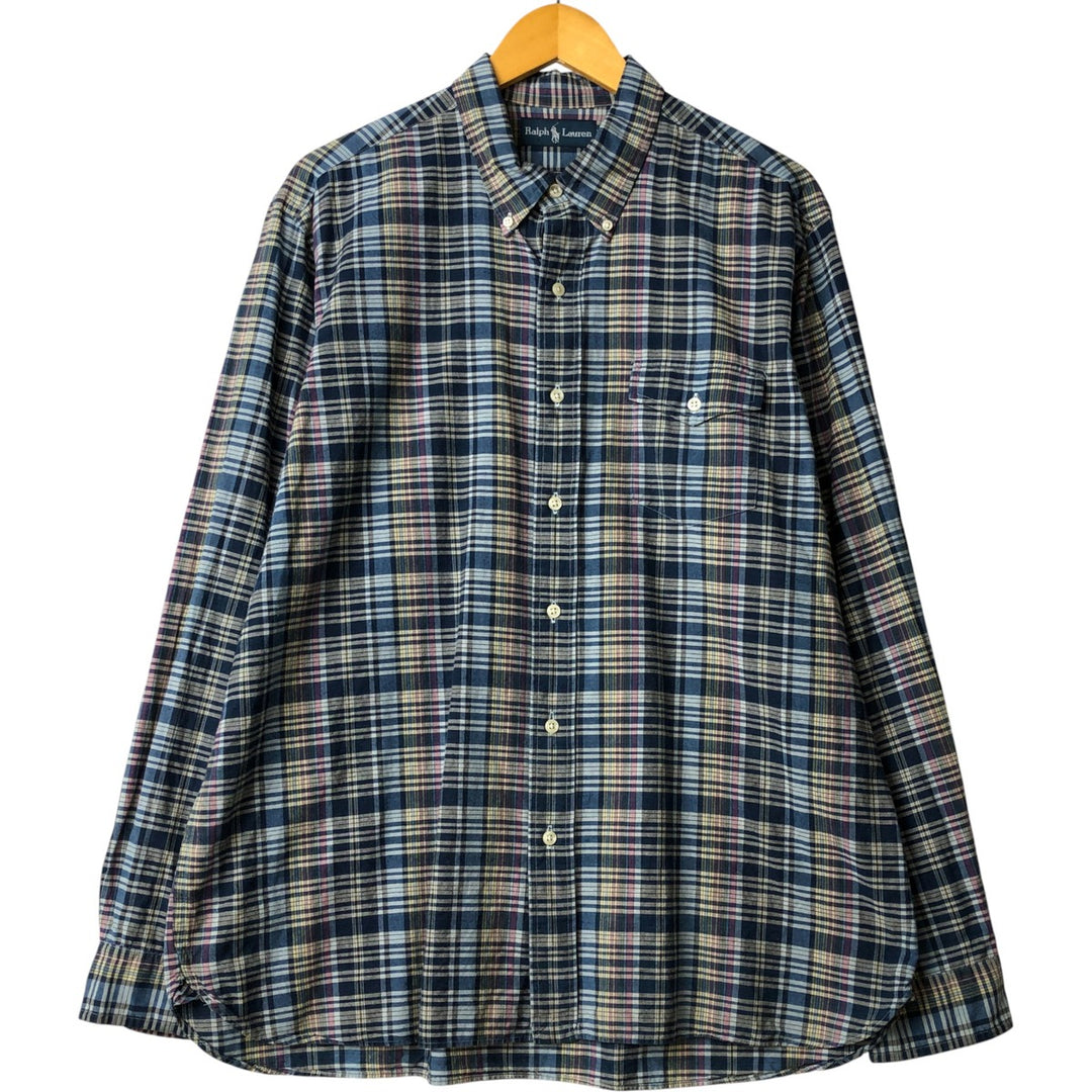 Ralph Lauren long sleeve button down check shirt, men's XL size cotton navy blue type Vintage Second Hand