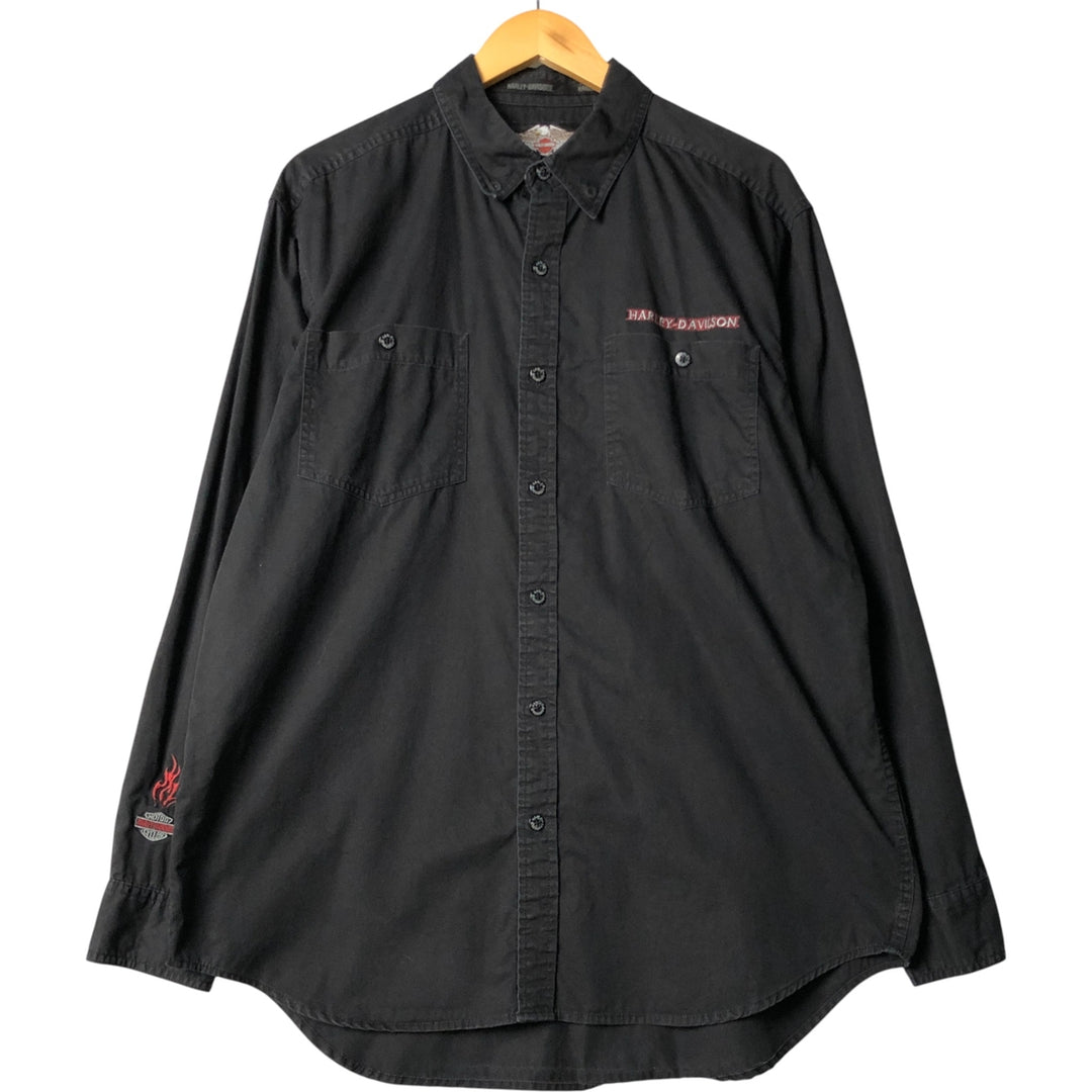 Harley-Davidson Long Sleeve Hidden Button-Down Work Shirt, Men's Size L cotton black type Vintage Second Hand