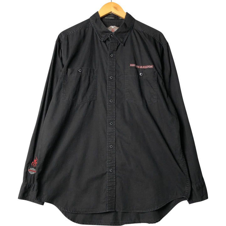 Harley-Davidson Long Sleeve Hidden Button-Down Work Shirt, Men's Size L cotton black type Vintage Second Hand