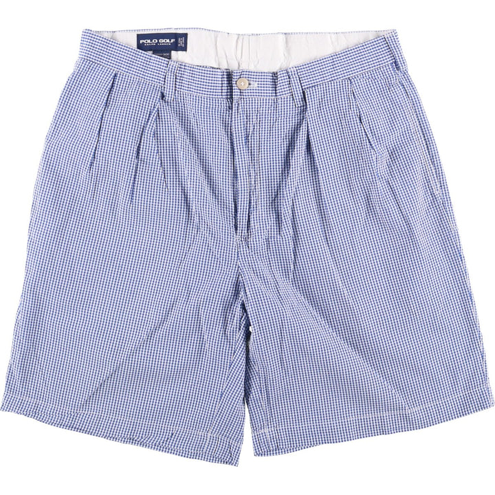 Ralph Lauren Polo Golf Fairway Shorts, gingham check, two-pleat seersucker shorts, men's size W34. cotton blue type Vintage Second Hand