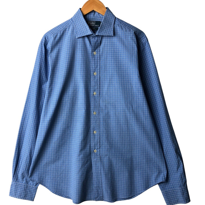 POLO by Ralph Lauren REGENT CLASSIC FIT wide collar long sleeve cotton check shirt, men's size XL cotton blue type Vintage Second Hand