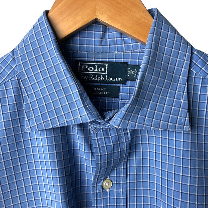POLO by Ralph Lauren REGENT CLASSIC FIT wide collar long sleeve cotton check shirt, men's size XL cotton blue type Vintage Second Hand