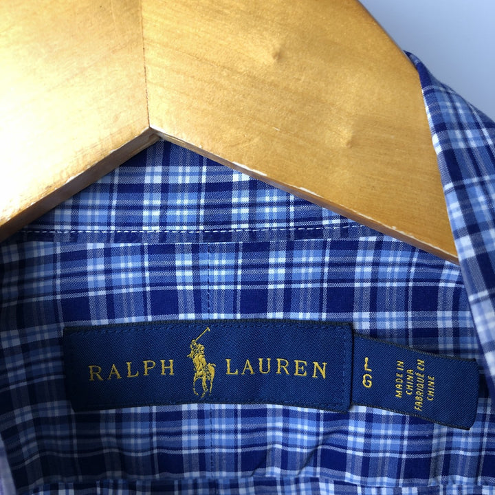 Ralph Lauren long sleeve button down check shirt, men's size L cotton navy blue type Vintage Second Hand