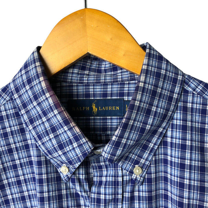 Ralph Lauren long sleeve button down check shirt, men's size L cotton navy blue type Vintage Second Hand