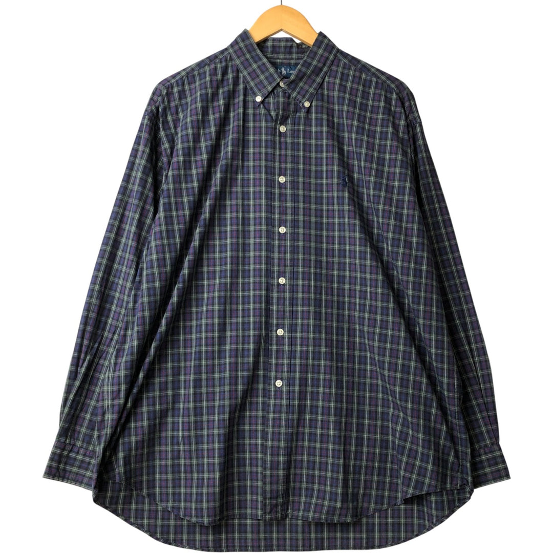 Ralph Lauren BLAKE long sleeve button down check shirt, men's XL size cotton navy blue type Vintage Second Hand
