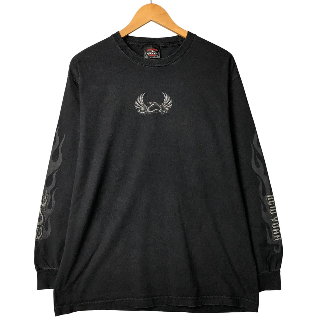 2000'S Orange County Choppers Fire Pattern Motorcycle Long Sleeve T-Shirt, Men's Size L cotton Charcoal Vintage Second Hand