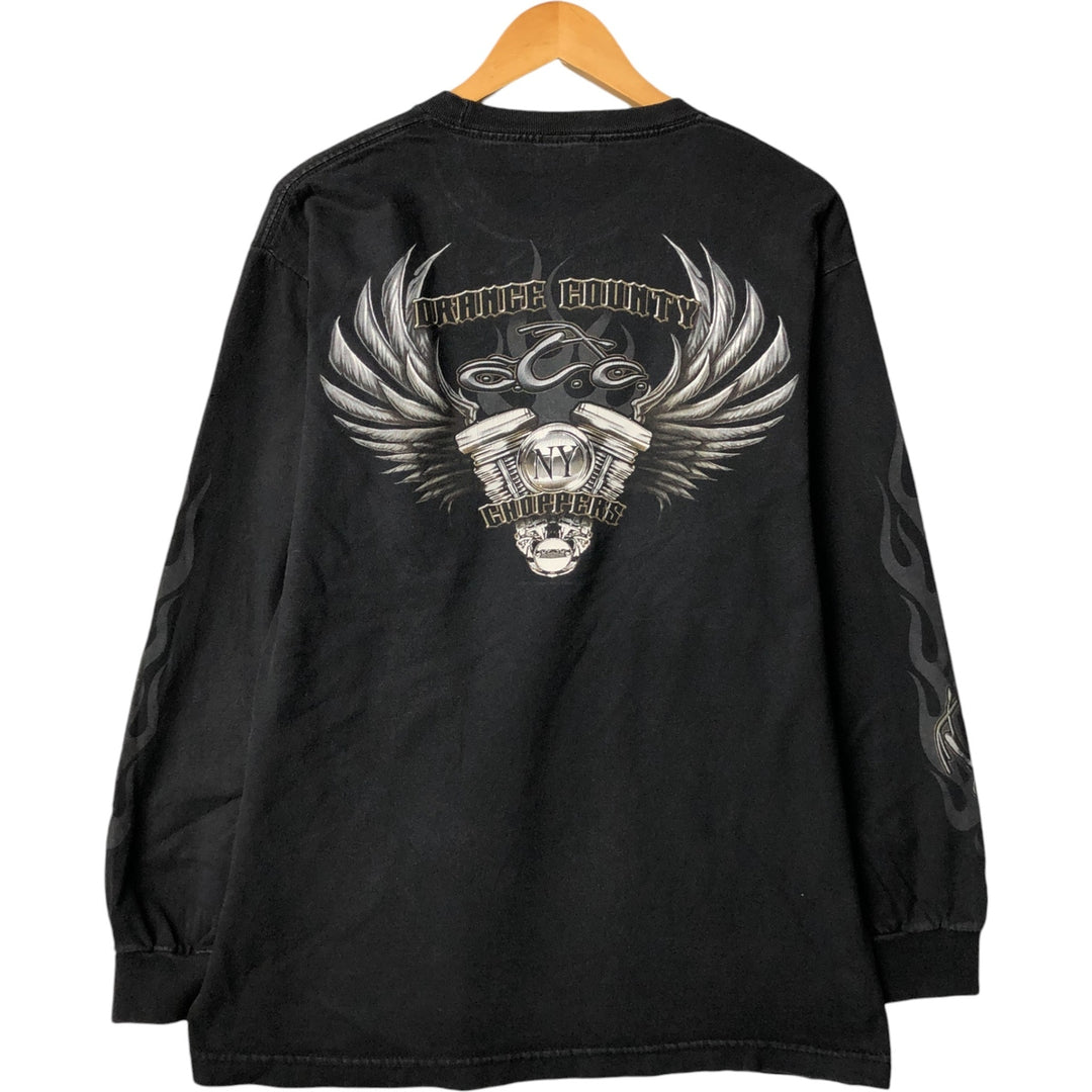 2000'S Orange County Choppers Fire Pattern Motorcycle Long Sleeve T-Shirt, Men's Size L cotton Charcoal Vintage Second Hand