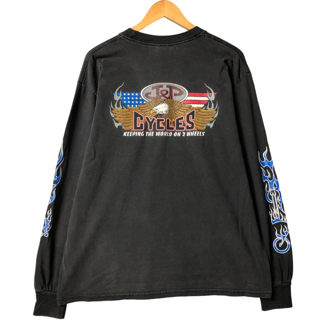 2000'S Gildan J AND P Cycles Eagle Pattern Fire Pattern Motorcycle Long Sleeve T-Shirt, Men's Size L cotton Charcoal Vintage Second Hand