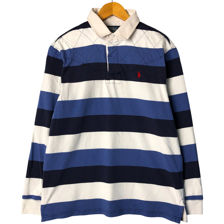 Ralph Lauren Custom Fit Striped Pattern Long Sleeve Rugby Shirt Men's Size L cotton navy blue type Vintage Second Hand