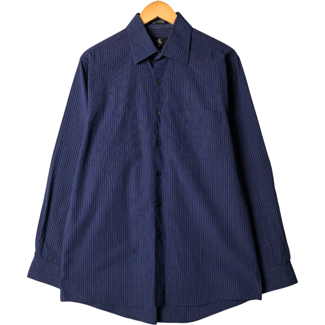 Calvin Klein wide-collar long-sleeved cotton striped shirt, men's size L cotton Navy blue Vintage Second Hand