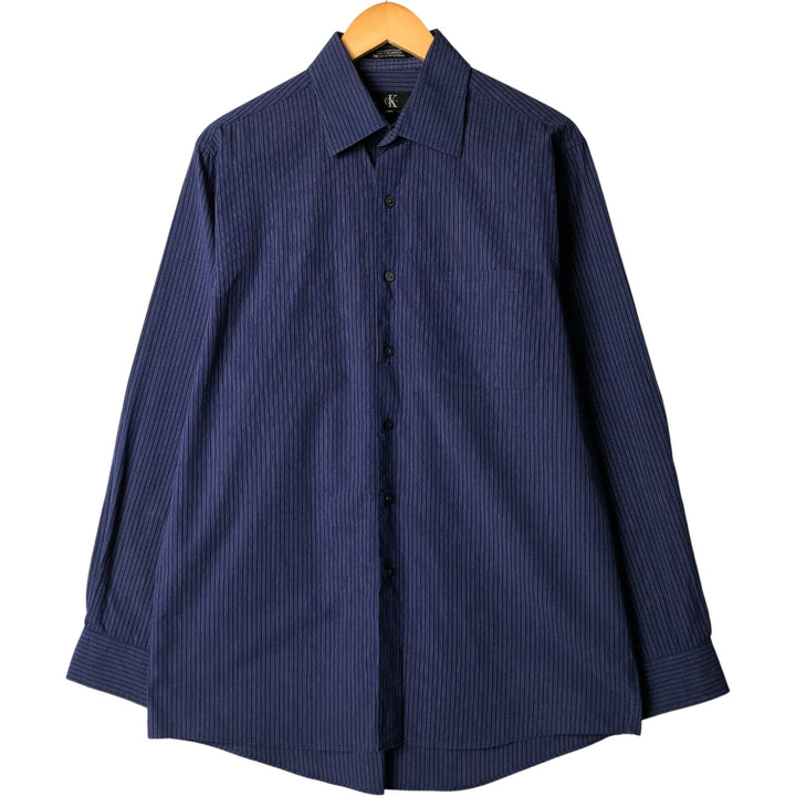 Calvin Klein wide-collar long-sleeved cotton striped shirt, men's size L cotton Navy blue Vintage Second Hand