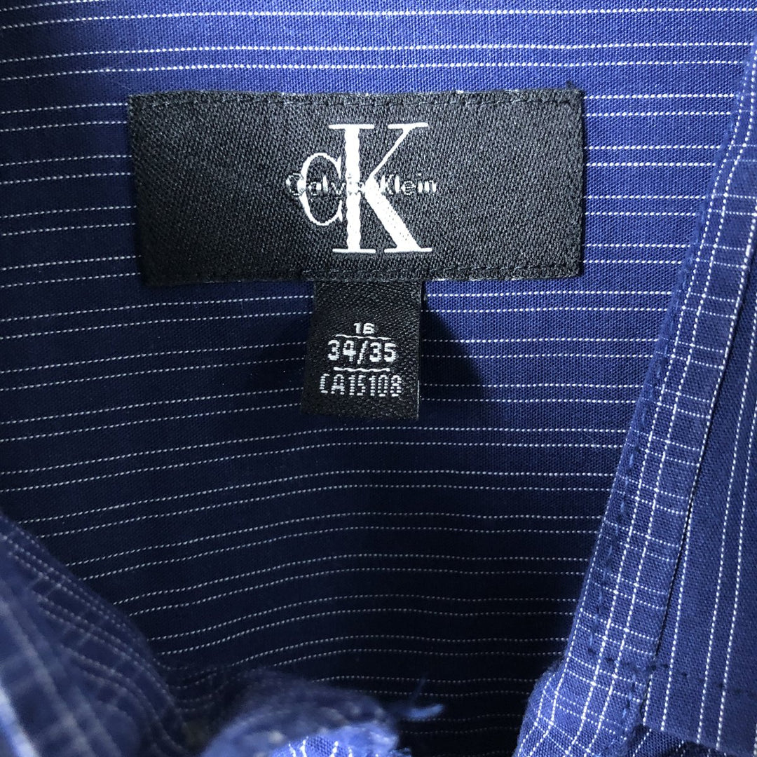 Calvin Klein wide-collar long-sleeved cotton striped shirt, men's size L cotton Navy blue Vintage Second Hand
