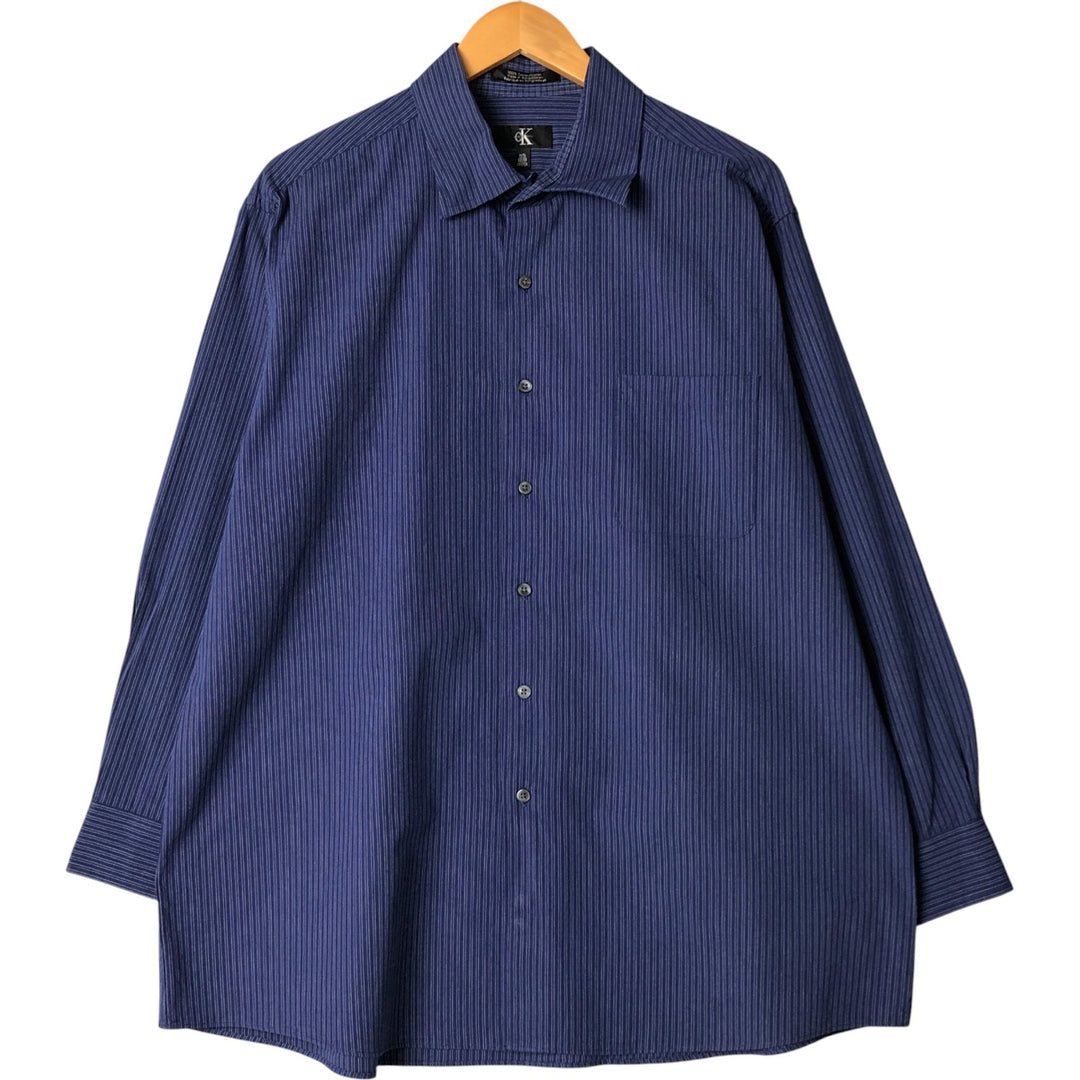 90s-00'S Vintage Calvin Klein Long Sleeve Wide Collar Cotton Striped Shirt, Men's Size XL cotton Navy blue Vintage Second Hand