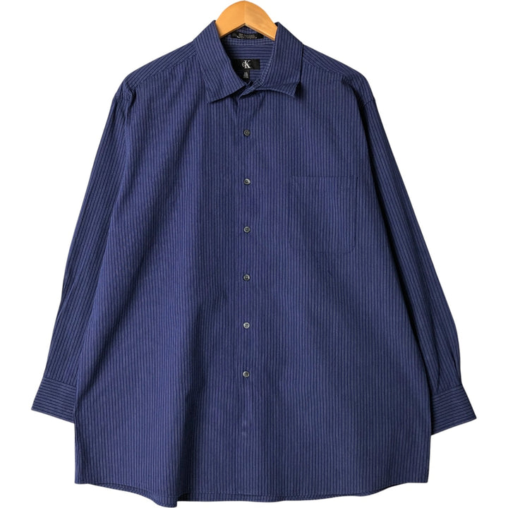 90s-00'S Vintage Calvin Klein Long Sleeve Wide Collar Cotton Striped Shirt, Men's Size XL cotton Navy blue Vintage Second Hand