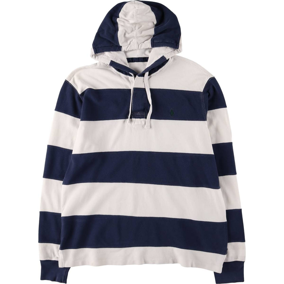 Ralph Lauren striped hooded long-sleeved rugby shirt, size M, men's unclear white type Vintage Second Hand