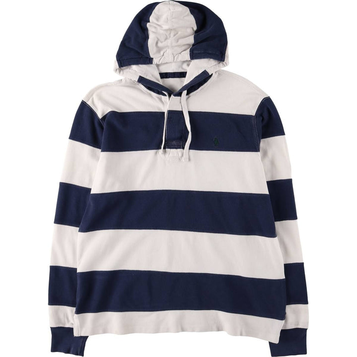 Ralph Lauren striped hooded long-sleeved rugby shirt, size M, men's unclear white type Vintage Second Hand