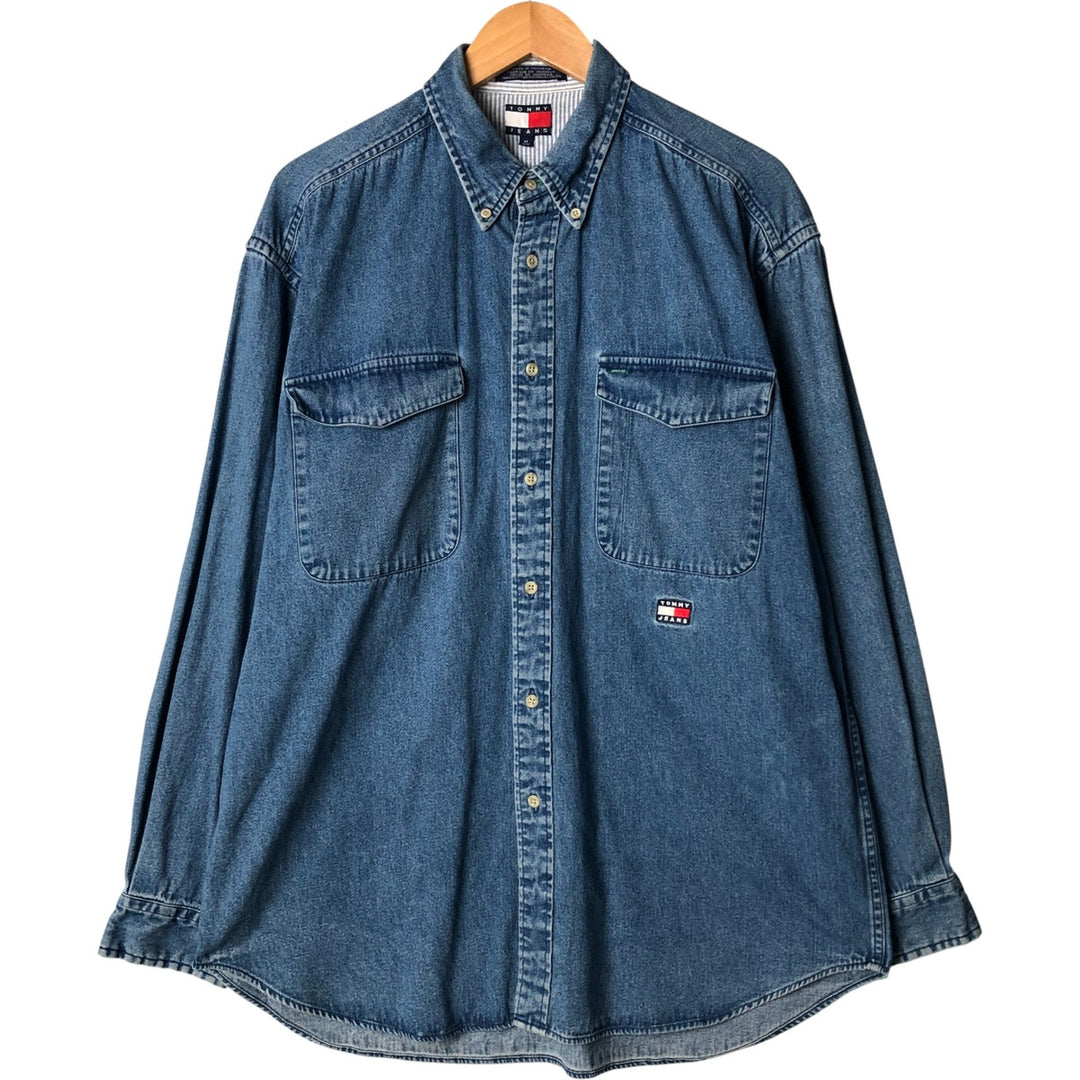 Vintage 90'S Tommy Hilfiger Jeans long-sleeved button-down denim shirt, size M, men's cotton blue type Vintage Second Hand