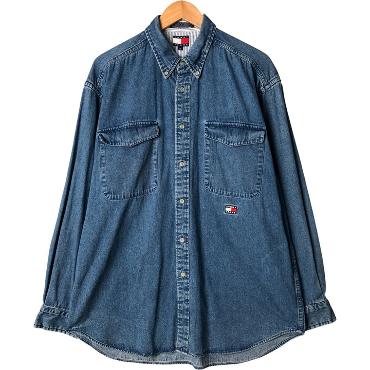 Vintage 90'S Tommy Hilfiger Jeans long-sleeved button-down denim shirt, size M, men's cotton blue type Vintage Second Hand