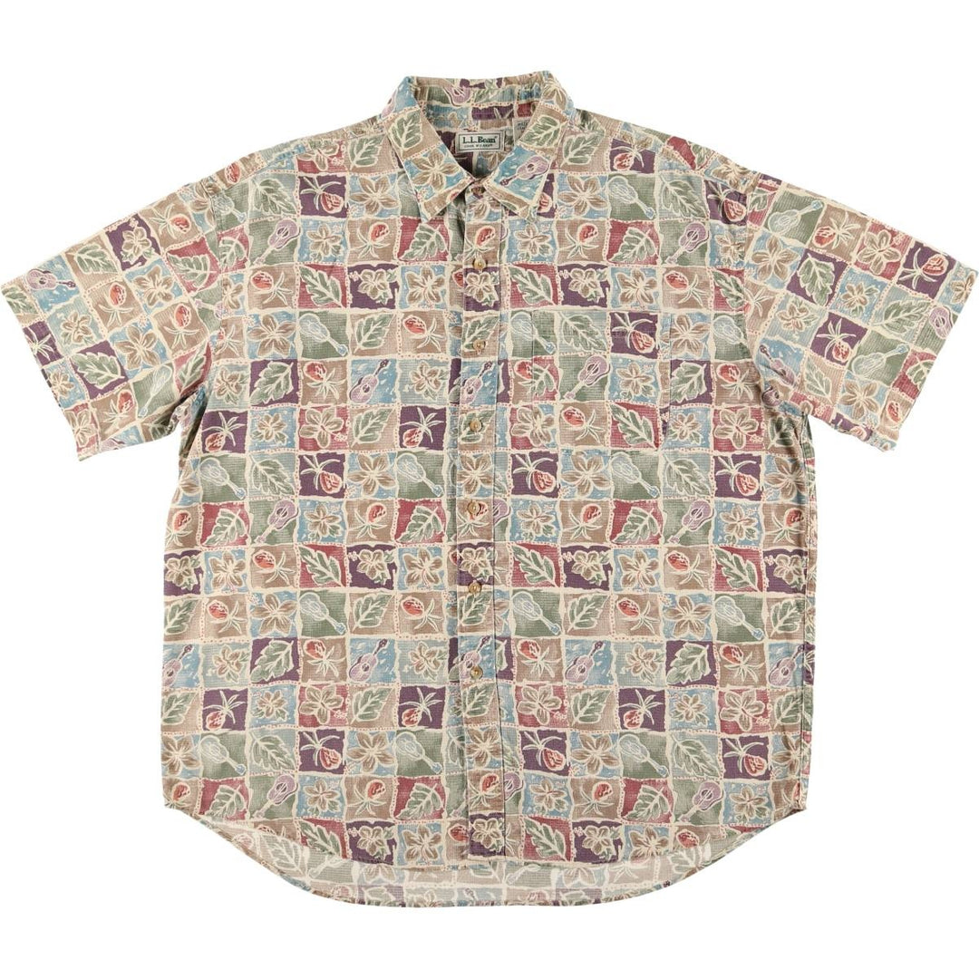 Vintage 80s-90'S LLBean COOL WEAVE All-Over Print Hawaiian Aloha Shirt, Men's XL cotton Beige type Vintage Second Hand