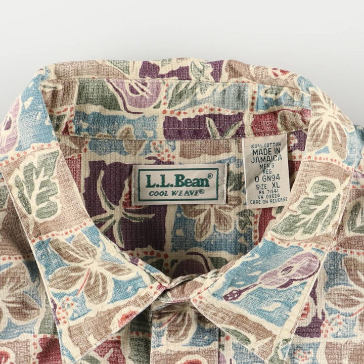Vintage 80s-90'S LLBean COOL WEAVE All-Over Print Hawaiian Aloha Shirt, Men's XL cotton Beige type Vintage Second Hand