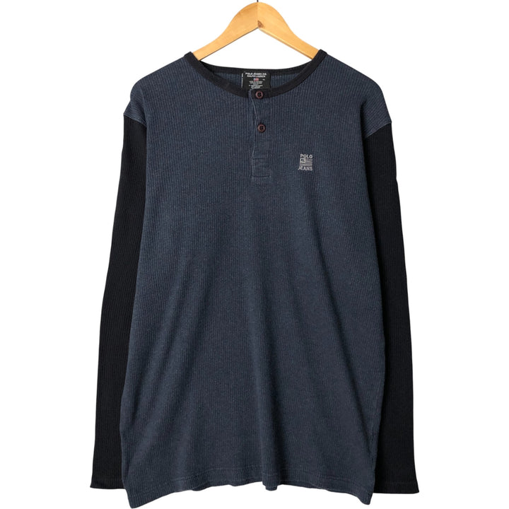 Ralph Lauren Polo Jeans Company Henley Neck Thermal Long T-Shirt, Men's Size XL cotton navy blue type Vintage Second Hand