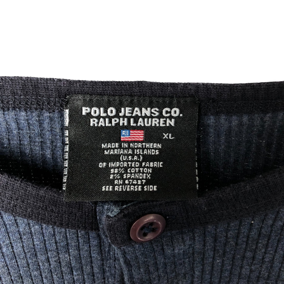 Ralph Lauren Polo Jeans Company Henley Neck Thermal Long T-Shirt, Men's Size XL cotton navy blue type Vintage Second Hand