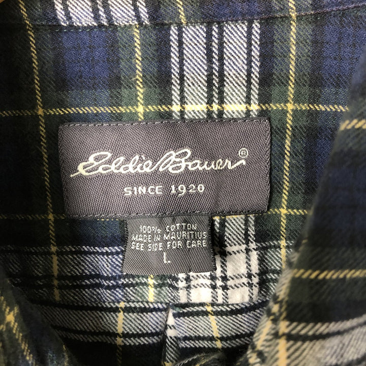Eddie Bauer Long Sleeve Button Down Flannel Check Shirt, Men's Size L cotton navy blue type Vintage Second Hand