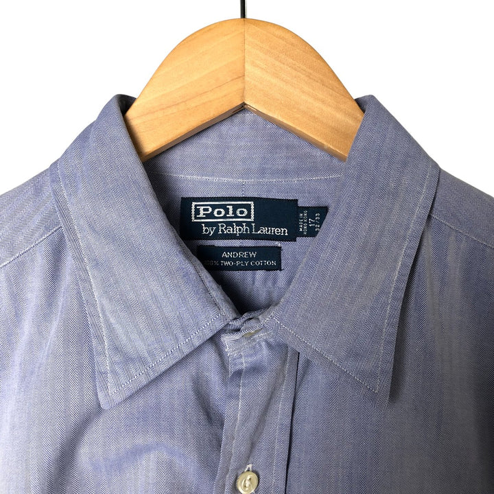 Ralph Lauren POLO by Ralph Lauren ANDREW herringbone long sleeve cotton shirt, men's XL size cotton Blue type light blue Vintage Second Hand