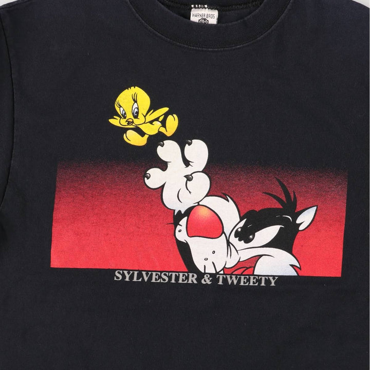 90'S Looney Tunes Sylvester the Cat Tweety Character Print T-Shirt Made in USA Women's Size Medium cotton black type Vintage Second Hand