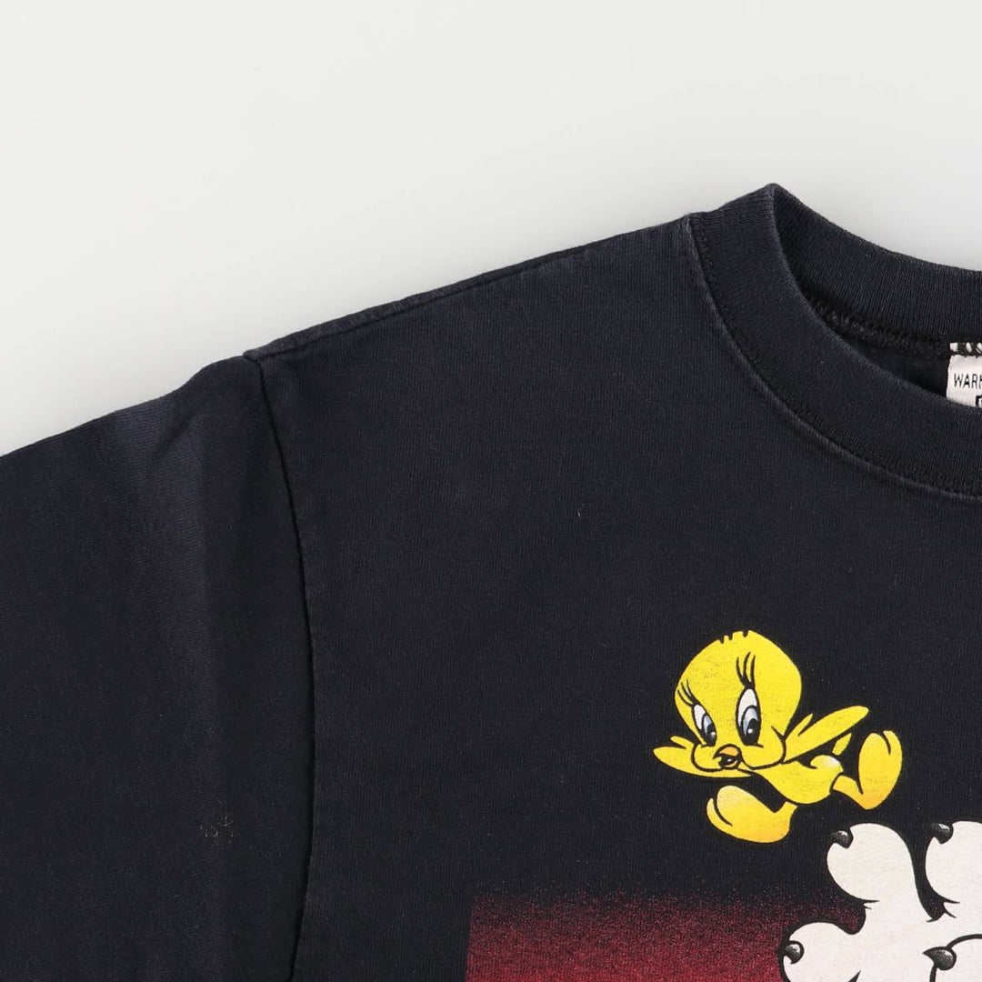 90'S Looney Tunes Sylvester the Cat Tweety Character Print T-Shirt Made in USA Women's Size Medium cotton black type Vintage Second Hand