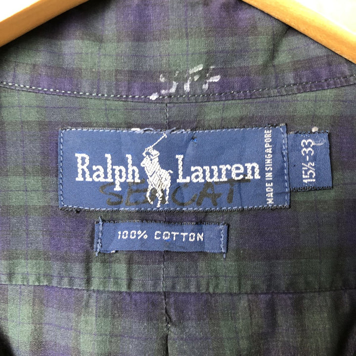 Ralph Lauren Blackwatch Check Long Sleeve Button-Down Check Shirt, Men's Size L cotton navy blue type Vintage Second Hand