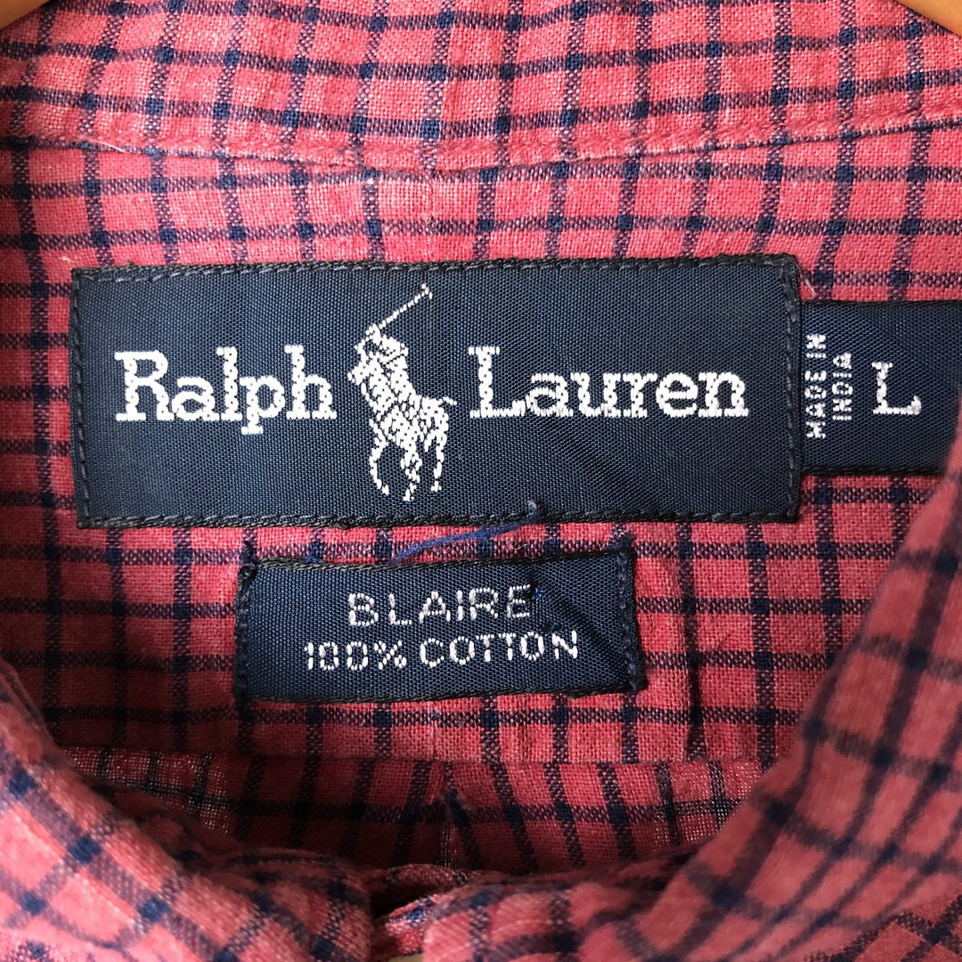 Ralph Lauren BLAIRE long sleeve button down check shirt, men's size L cotton burgundy type Vintage Second Hand