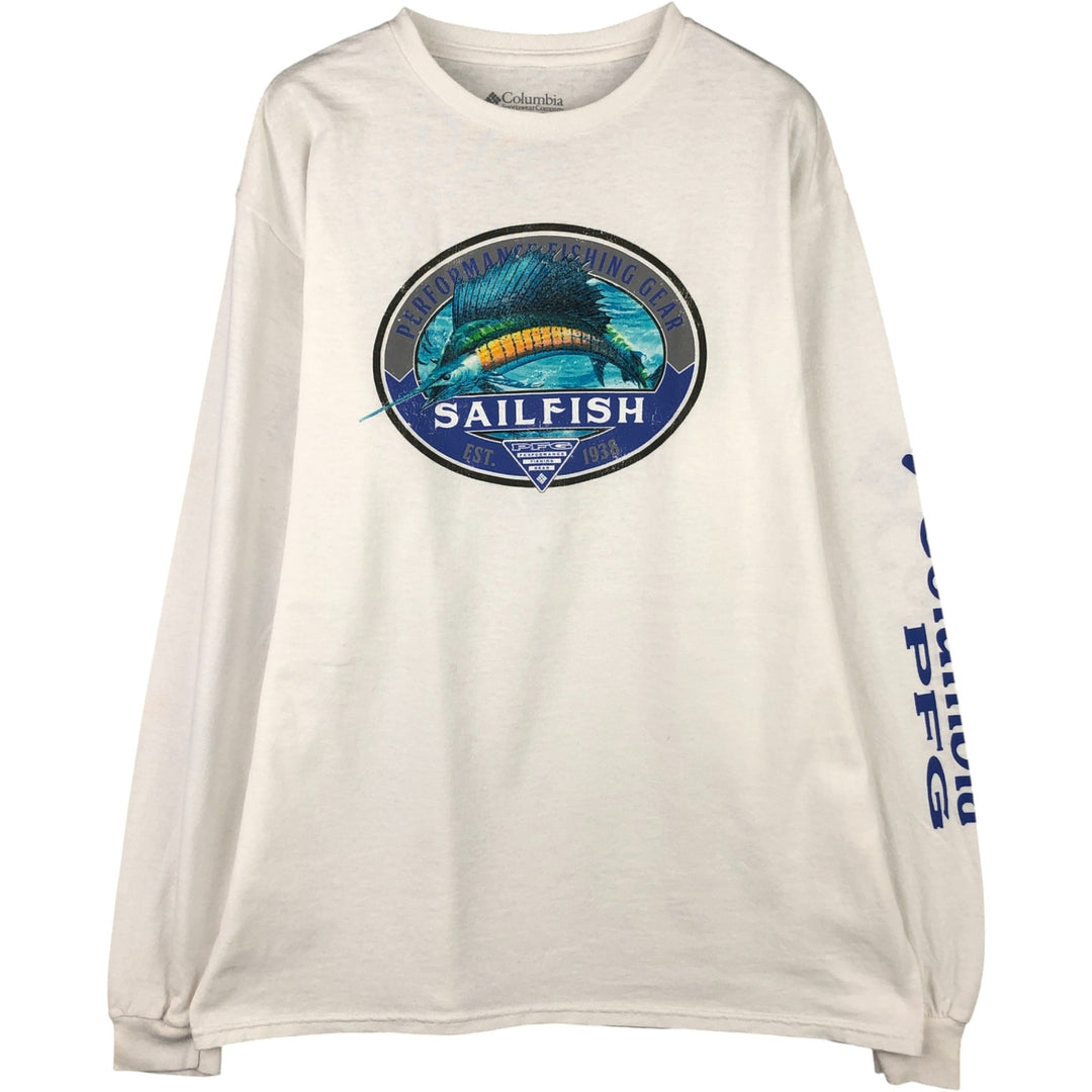 Columbia PFG Fish Print Long Sleeve T-Shirt, Men's Size L cotton white type Vintage Second Hand