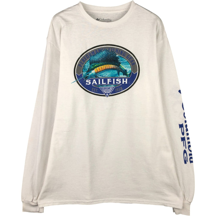 Columbia PFG Fish Print Long Sleeve T-Shirt, Men's Size L cotton white type Vintage Second Hand
