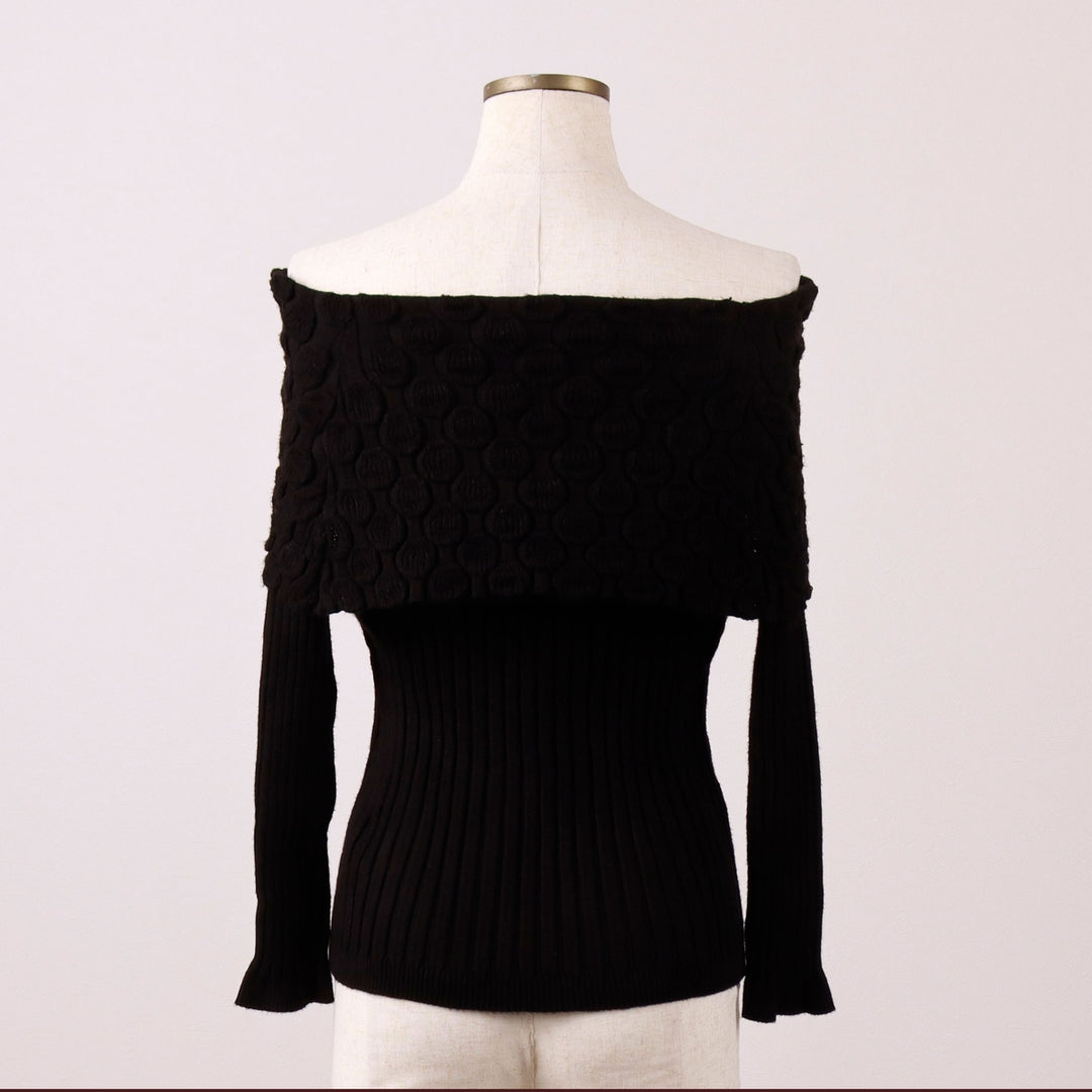 United States Sweaters Off-the-Shoulder Ribbed Knit Sweater, Women's Size L Rayon black type Vintage Second Hand