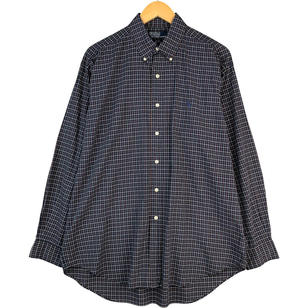 Ralph Lauren BLAKE long sleeve button down check shirt, men's size L cotton navy blue type Vintage Second Hand