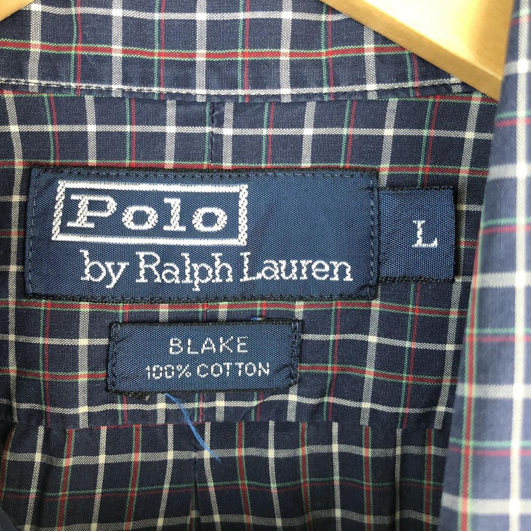 Ralph Lauren BLAKE long sleeve button down check shirt, men's size L cotton navy blue type Vintage Second Hand