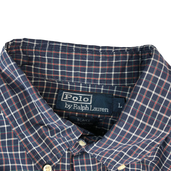 Ralph Lauren BLAKE long sleeve button down check shirt, men's size L cotton navy blue type Vintage Second Hand