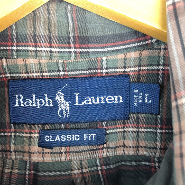 Ralph Lauren Classic Fit Long Sleeve Button Down Check Shirt Men's Size L cotton beige type brown Vintage Second Hand